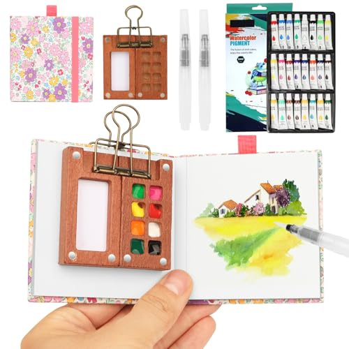 BLSFXROE Pocket Aquarell Set, Mini Reise-Set, Rosa-18 | Mit Binder-Clips, Holz-Palette, 8 Grids, Mit Skizzenbuch, Für Maler, Künstler, Studenten