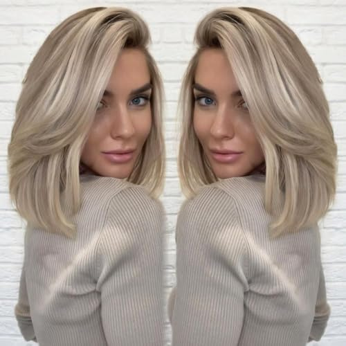 220% Highlight frêne Blonde Bob perruque cheveux humains pré-plumé pré coupé Ombre Balayage frêne brun court Bob droit doux 13x4 UHD dentelle avant vrai cheveux humains perruques pour femmes 12Inch