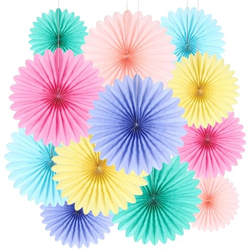 BestoFun 12 Stück Papier Fächer Set Hellrosa Gelb Party Deko Hängende Grün Hellblau Hellviolett Papierfächer Dekoration für Gartenparty Tischdeko Geburtstagsdeko Hochzeit Baby Shower
