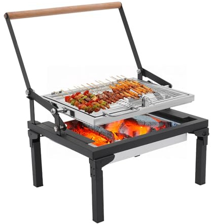 Barbecue pieghevole a carbonella, 48 × 38 × 35 cm, portatile da campeggio con griglia girevole a 360°, cassetto carbone, manico in legno, per esterni e feste in giardino