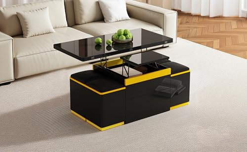 Zenithz Tavolino alto e allungabile trasformabile in tavolo da pranzo, nero e giallo, con 4 sgabelli cassapanche, piano pieghevole multifunzione per soggiorno e ufficio, 100 x 50 x 43 cm
