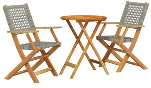 XHNIFBN 3-TLG. Bistro-Set Gartenmöbel Set aus Akazien-Massivholz und Poly Rattan Klappbar, Balkonmöbel mit Rundem Gartentisch Ø 60 cm und 2 Gartenstühlen für Terrasse und Garten, Grau
