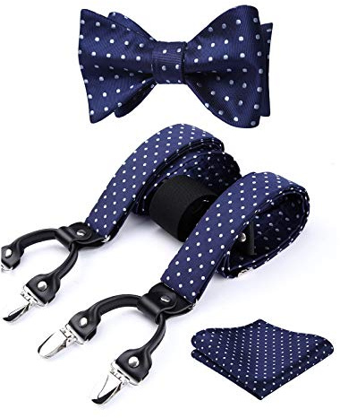 HISDERN Tirantes para hombre de lunares forma de Y elásticos y ajustables Tirante y Pajarita Pañuelo de bolsillo set Conjunto de pajaritas y tirantes hombre azul