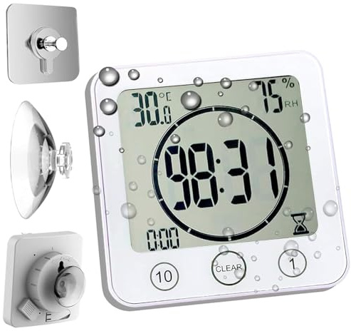 Waterproof Bathroom Wall Clock and Timer, Digital Water Resistant Hanging Timer for Shower, Large Display Kitchen Cooking Countdown Timers, Mirror Suction Clock with Temperature Humidity Meter (White)