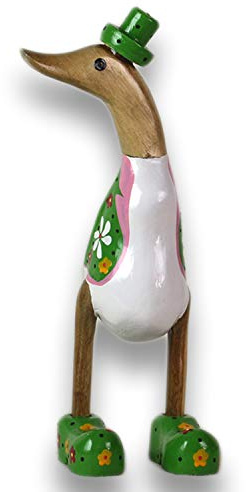 ART-CRAFT Canard en bois - Décoration de jardin - Racine de bambou et bois de teck - Avec motif floral - Décoré en vert - Hauteur : 25 cm