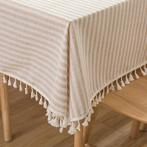 Plenmor Cotton Blend Table Cloth Stripe Tassel Rectangle Tablecloth Dust-Proof Table Cover for Kitchen Dinning Tabletop Decoration (140cm x 300cm, Beige)