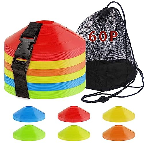 60 Stück Fußballkegel mit Riemen, Tragetasche, Agility-Disc-Kegel, Fußball-Trainingshütchen, Feldmarkierung, Sport-Trainingshütchen für Herausforderungen, Fußball, Basketball, Skaten, Kinderspiele