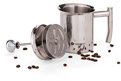VIENESSO Hand Milchaufschäumer manuell aus Edelstahl mit Doppel-Mesh-Sieb I Milchschäumer für cremigen Milchschaum für Kaffeespezialitäten, Milk Frother inkl Barista E-Book (400 ml)