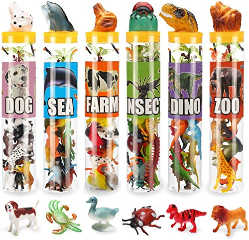 Mini Animal Figure Toys in Tubes - 82 Piece Assorted Dinosaur, Insect, Ocean, Sea, Farm, Jungle, Dog Figure Realistic Vinyl Plastic Zoo Play Set, Small Toys for Cupcake Topper