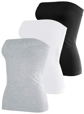 DYLH White Tube Tops for Women Summer Cute Strapless Tops Long Bandeau Cotton Stretchy Trendy Backless Shirts 3 Pack