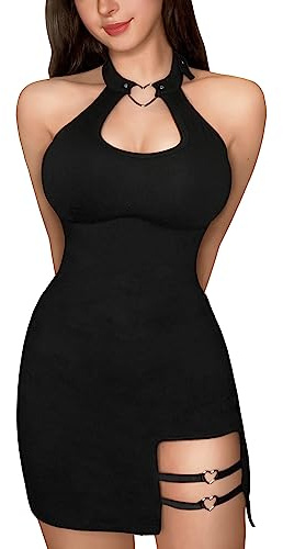 Littleforbig Women Cotton Overall Vampy Collared Bodycon Mini Dress Skirt L Black