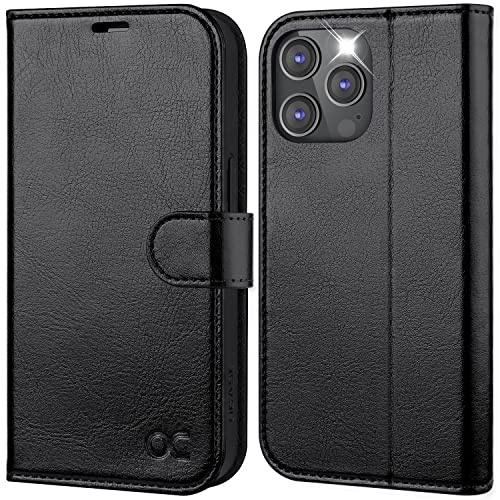 OCASE für iPhone 14 Pro Hülle Handyhülle Premium PU Leder Schwarz | Kartenfach Magnetverschluss RFID Schutzhülle Klapphülle Handytasche Lederhülle Tasche Etui