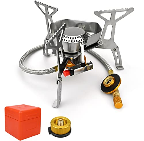 Campingkocher, 3500W Winddicht Camping Gaskocher mit Piezozündung, Faltbar Tragbar Gas Camping Herd Gasbrenner mit Adapter und Tragebox, Camping Gas Stove für Wandern/Picknick/Angeln