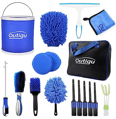 Outigu Kit de nettoyage professionnel de voiture, 17 pièces pour extérieur et intérieur de voiture avec sac, brosse pour roues, seau, brosse pour grille d'aération, plumeau, brosse de détail (17)