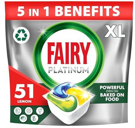 Fairy Platinum Lemon All-In-1 Dishwasher Bulk Pack, 51 Pods, Platinum Dishwashing Formula