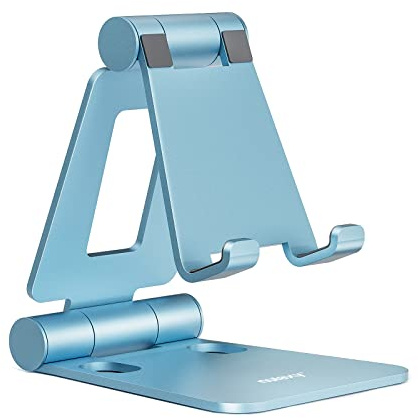 Nulaxy Dual Folding Cell Phone Stand, Fully Adjustable Foldable Desktop Phone Holder Cradle Dock Compatible with iPhone 17 16 15 14 13 12 11 Pro Max Xs Xr X 8, Nintendo Switch, All Phones - Blue
