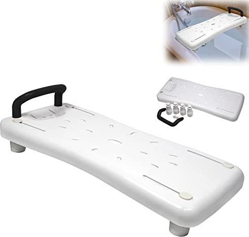 Aufun Tavola per vasca da bagno lunga 70 cm, Sedia da bagno per anziani con piano seduta, portasapone e maniglia, Sedia per il bagno (Maniglia nera)