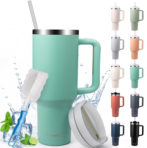 Temede Thermobecher mit Strohhalm und Henkel 40oz/1.2L,Großer Trinkbecher mit Deckel und Strohhalm,Kaffeebecher to go Thermo,Edelstahl Vakuum Isolierbecher Tragbare Autobecher für Kalte Heiße Getränke
