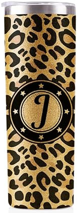 Onebttl Leopard Print Personalised Tumbler - 20oz Gold Glitter Insulated Stainless Steel - 591ml Vacuum Travel Mug with Lid and Straw - Gift for Women