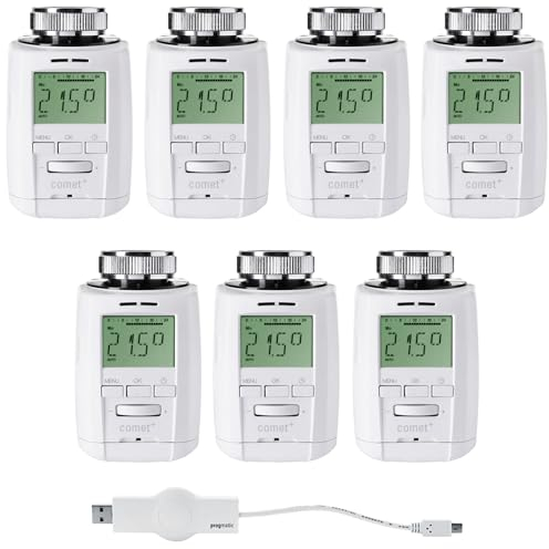 Eurotronic Comet Plus Heizkörperthermostat Set - Intelligente Heizungssteuerung für 7 Heizkörper inkl. PROGmatic-Stick für Programmierung am PC