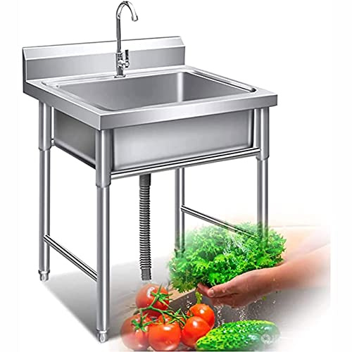 Free Standing Kitchen Sink, 304 Stainless Steel Single Bowl Commercial Sink Units Handmade Outdoor Indoor Utility Sink with Faucet for Garage Laundry Room Farmhouse Workstation,50X50X80CM