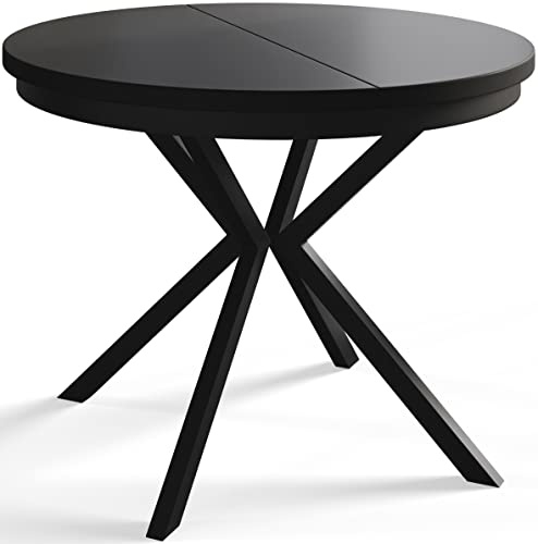 AlpiMeble Runder Esszimmertisch BERGO, ausziehbarer Tisch Durchmesser: 100 cm/180 cm, Wohnzimmertisch Farbe: Schwarz, mit Metallbeinen in Farbe Schwarz