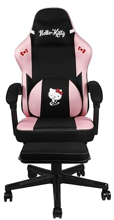 Konix Hello Kitty Silla Gaming - Inclinación del Asiento 150° - Tapizado en Tela - Estructura de Madera y Metal - Cojín - Reposapiés - Negro y Rosa