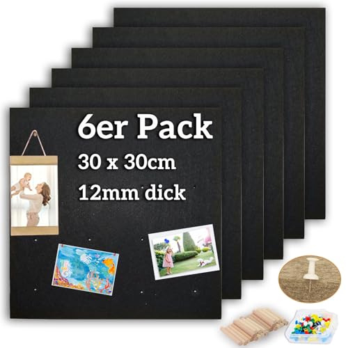 Große Filz-Pinnwand, Korktafeln, Stecktafel, 30x30cm-12mm dick, große Pinnwand für Wände, selbstklebende Sichttafel, schalldichte Korktafeln mit 45 Reißzwecken und 40 Holzdübeln, 6er-Pack, Schwarz