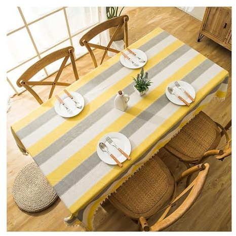 AMDXD Tischdecken Gelb Weiß+Quaste, Streifen mit Spitze Tischtuch Polyester, Biertisch Tischdecke Hochzeit Wasserabweisend für Wohnzimmer, Esszimmer, Balkon, Garten, 120x160CM