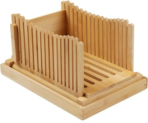 DISHENGZHEN Bread Slicer for Homemade Bread, Bamboo Bread Slicer with Foldable Cutting Guide, Crumb Tray, 3 Size Slicing Guide, Compact Loaf Cutter for Homemade Bread, Cake, Bagels