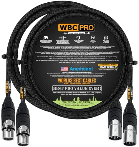 WORLDS BEST CABLES 2 Units - 0.5 Meter - WBC-PRO-QUAD Ultra-Silent Ultra-Flexible Balanced Star-Quad Cable with Amphenol Male & Female XLR Plugs & Black Tweed Jacket