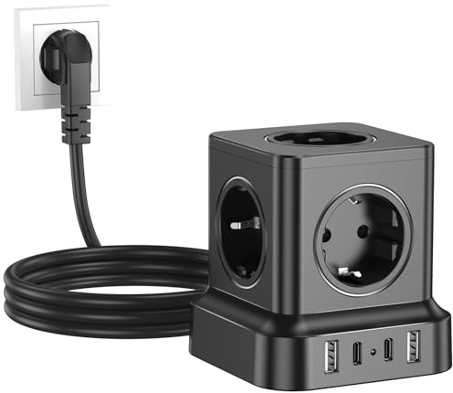 Ciabatta a forma di cubo con USB, 5 prese, con 2USB-C e 2USB-A, 9 in 1, con interruttore, cubo con cavo di prolunga da 1,8 m, per ufficio, casa, colore nero