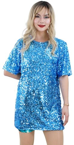 Muztagata Sequin T-Shirt Dress Sparkly Casual Short Sleeve Party Club Blouse Outfit Costume-Medium Blue