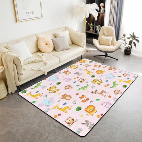 Loussiesd Kinder Teppich 150x200cm Cartoon Zoo Hirsch Eule Elefant Löwe Fuchs Küchenteppich Niedliche Tiere Wilde Tiere Küchenteppich für Wohnzimmer Schlafzimmer Modern Teppich Rosa Wohnzimmerteppich