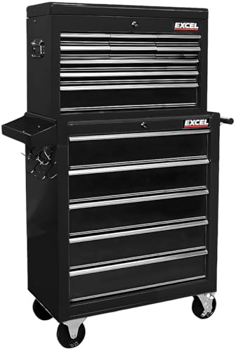 Excel 14 25 Drawers Tool Chest Storage Roller Cabinet Black - Top Chest, Tool Cabinet, Metal Tool Chest with Drawers, Wheel, Handle, Lockable Tool Box Trolley for Garage Workshop