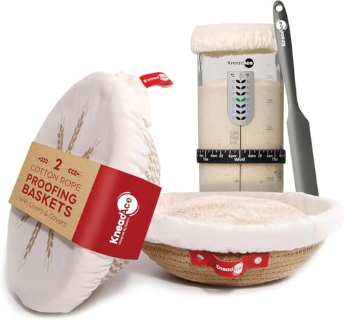 Cotton Rope Proofing Baskets (with Lining and Lid, 2 in a Set), accompanied by a High - temperature Resistant Glass Jar for Sourdough with Thermometer and a Spatula