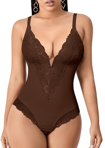 YARRCO Body Gainant Femme Ventre Plat String Gaine Amincissante Body Sculptant Bodysuit Shapewear Col V Dentelle Corset Minceur Invisible (#01 Brun,S)