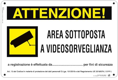 Cartello Segnaletico Attenzione Area videosorvegliata da. Alluminio Premium 30x20 cm – Made in Italy, Resistente Esterno, Stampa HD, Installazione Facile, Conforme Normative