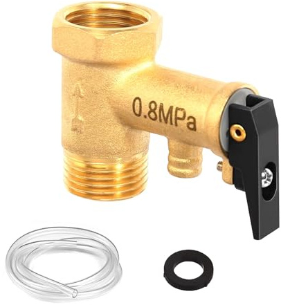 Sicherheitsventil 1/2 Zoll, 0,8 MPa Messing Sicherheitsventil mit 1M Führungsrohr und Dichtung, 1/2 IG x 1/2 AG Warmwasserbereiter Druckentlastungsventil Rückschlagventil