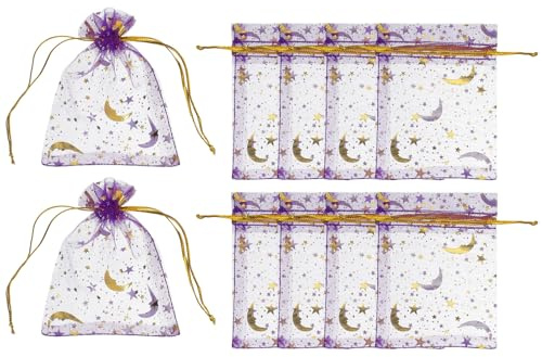 PATIKIL 50 Pezzi Sacchetti Di Organza 7 X 9 Cm Con Cordino Viola Scuro Oro | Bustine Di Caramelle In Rete, Sacchetti Regalo Gioielli Stelle, Per Matrimonio Natale Festa Trucco Accessori