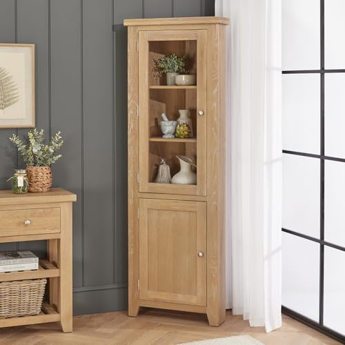 The Furniture Market Cheshire Whitewash Oak | Tall Glazed Corner Display Cabinet | Wooden Storage Shaker Design | Adjustable Shelves | H 1835x W 625 x D 400mm