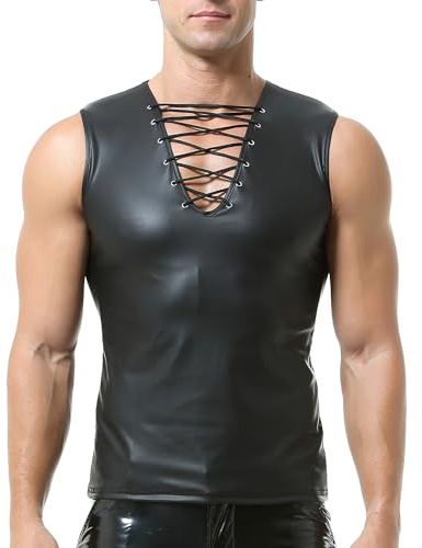 YUFEIDA Men's Faux Leather Vests Laceup Collar Undershirts Sleeveless Muscle Fit Tops