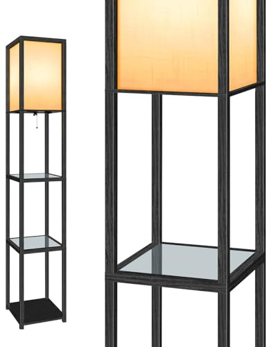 OUTON Floor Lamp with Glass Shelves, 3000K-6000K Adjustable Color Temperatures, LED Modern Column Floor Lamp, Display Wood Tall Standing Lamps for Living Room, Bedroom, Office, Black