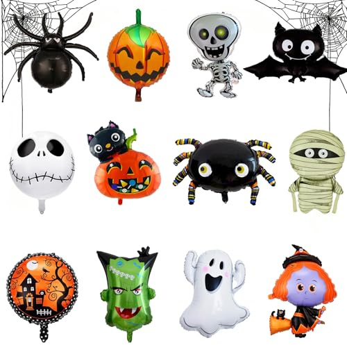BAIYSFFG 12 Pcs Oversized Halloween Foil Balloons Party Decorations for Kids - Spider, Bat, Ghost, Witch, Pumpkin Helium Balloon,Giant Balloons Set for Halloween Night Party Supplies