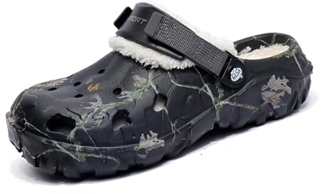 Zoccoli da uomo foderati scarpe da giardino invernali calde peluche pantofole con pelliccia da donna chiuse zoccoli invernali in peluche, Nero , 47 EU