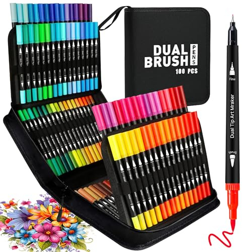 Filzstifte Set 100 Farben Dual Brush Marker Pens Feine Spitze Pinselspitze | Erwachsene und Kinder Zum Ausmalen Zeichnen DIY-Projekte Lettering Colouring Journal Handlettering Mandalas Marker Filzstifte