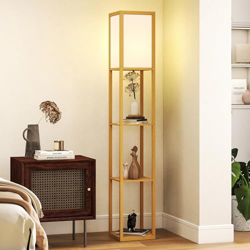 HOMCOM Lámpara de Pie con Estantes de Almacenaje, Lámpara de Madera Moderna, Bombilla E27, para Salón, Dormitorio, Oficina, Natural