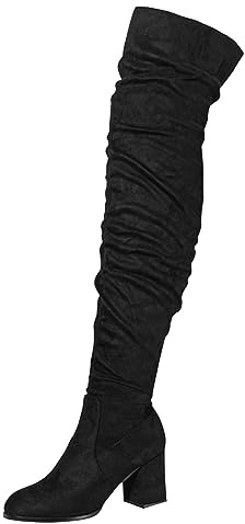 2026 Damen-Schneestiefel, modisch, knielang, dicke High Heels, über plissiertes Wildleder, Schwarz , 40 EU
