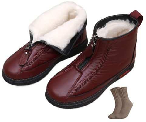 Bottines d'hiver antidérapantes en cuir pour femme, doublées de fourrure épaisse et chaude avec fermeture éclair sur le devant, légères et imperméables, Rouge, 36 EU