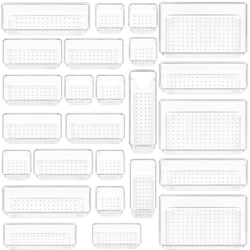 Tbintul 25-pack lådorganisatörer, 4 storlekar, genomskinlig plastlåda, förvaringsorganisatör för badrum, toalettbord, kontor, kök, verktyg och smink